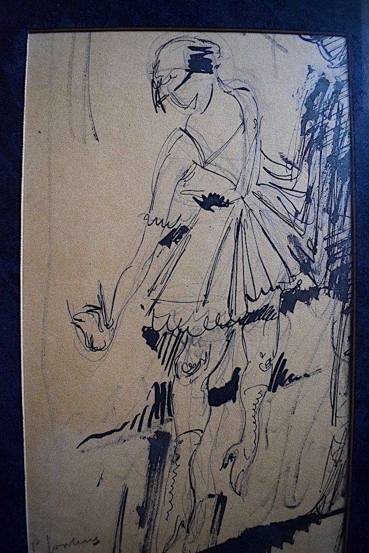 Drawing Feather Ink Art Deco Dancer 1940s Signed To Identify XXrt692-photo-4