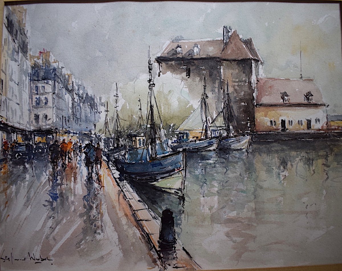 Wrobel Stephane Signed Port Honfleur Normandy Marine Watercolor XX Rt693-photo-2