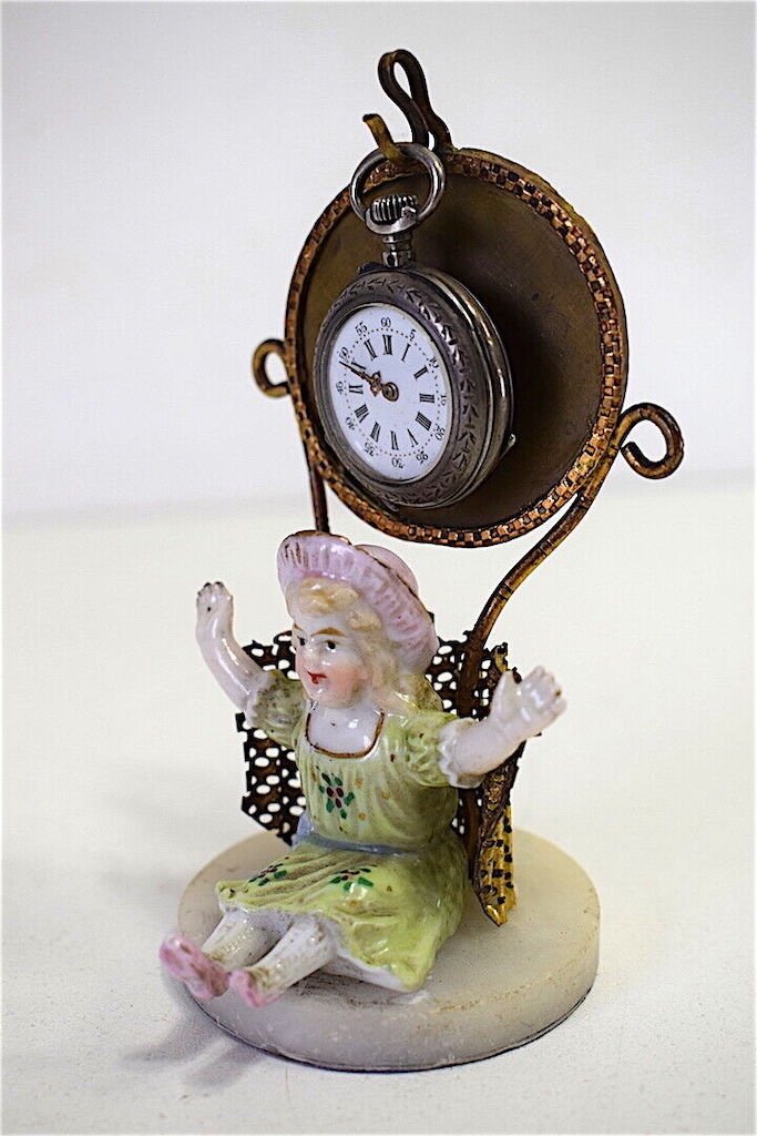 Brass Porcelain Watch Holder Figurine Girl Silver Watch XIX Ref464-photo-1