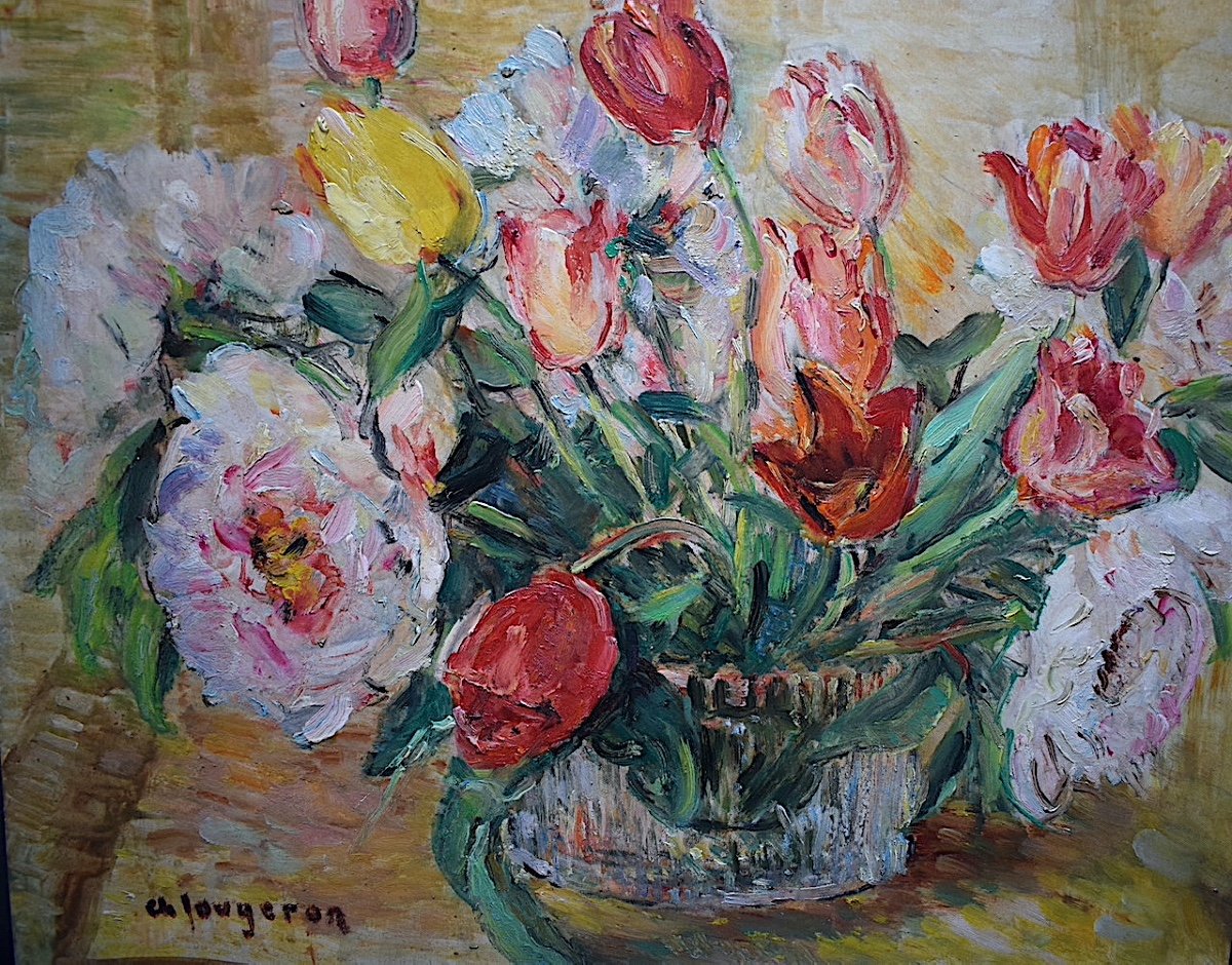 A FOUGERON Nature Morte Fleurs Tulipes pivoines Impressionniste Signé  XX RT707-photo-2