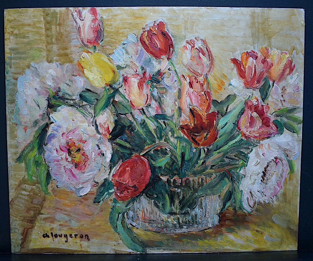 A FOUGERON Nature Morte Fleurs Tulipes pivoines Impressionniste Signé  XX RT707