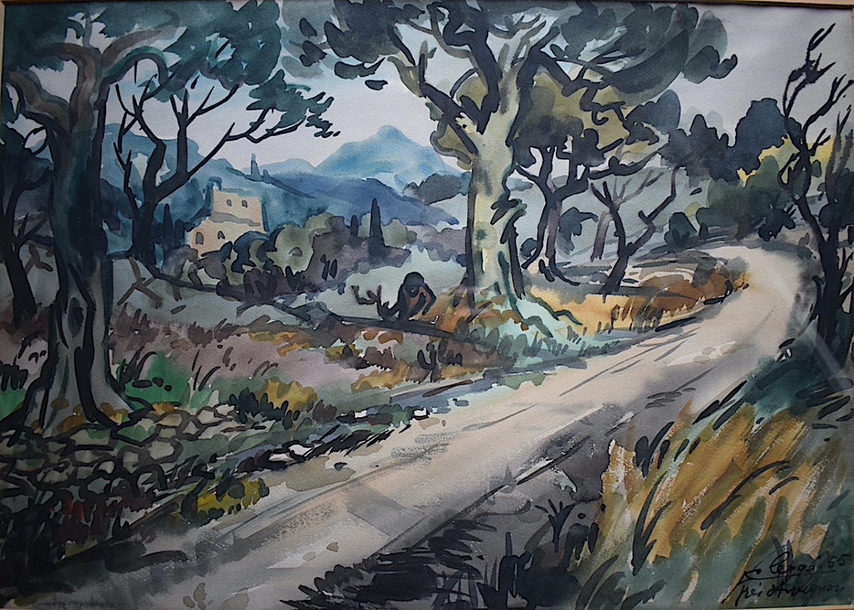 AUGUSTE CLERGÉ Avignon Route De Dève Provence Aquarelle Signé 1955   XX Rt732-photo-2