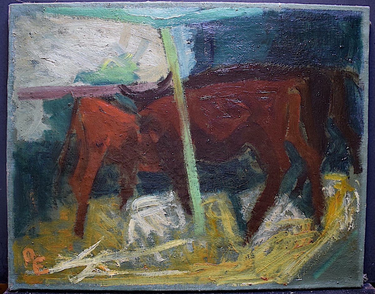 Bulls In The Stable Animals Modernist Animal Painting XX Monogram To Identify Rt759