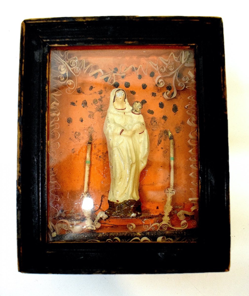Ex Voto Reliquaire Vierge à l'Enfant Terre Cuite Peinte Art Populaire Religieux XVIII Ref540-photo-5