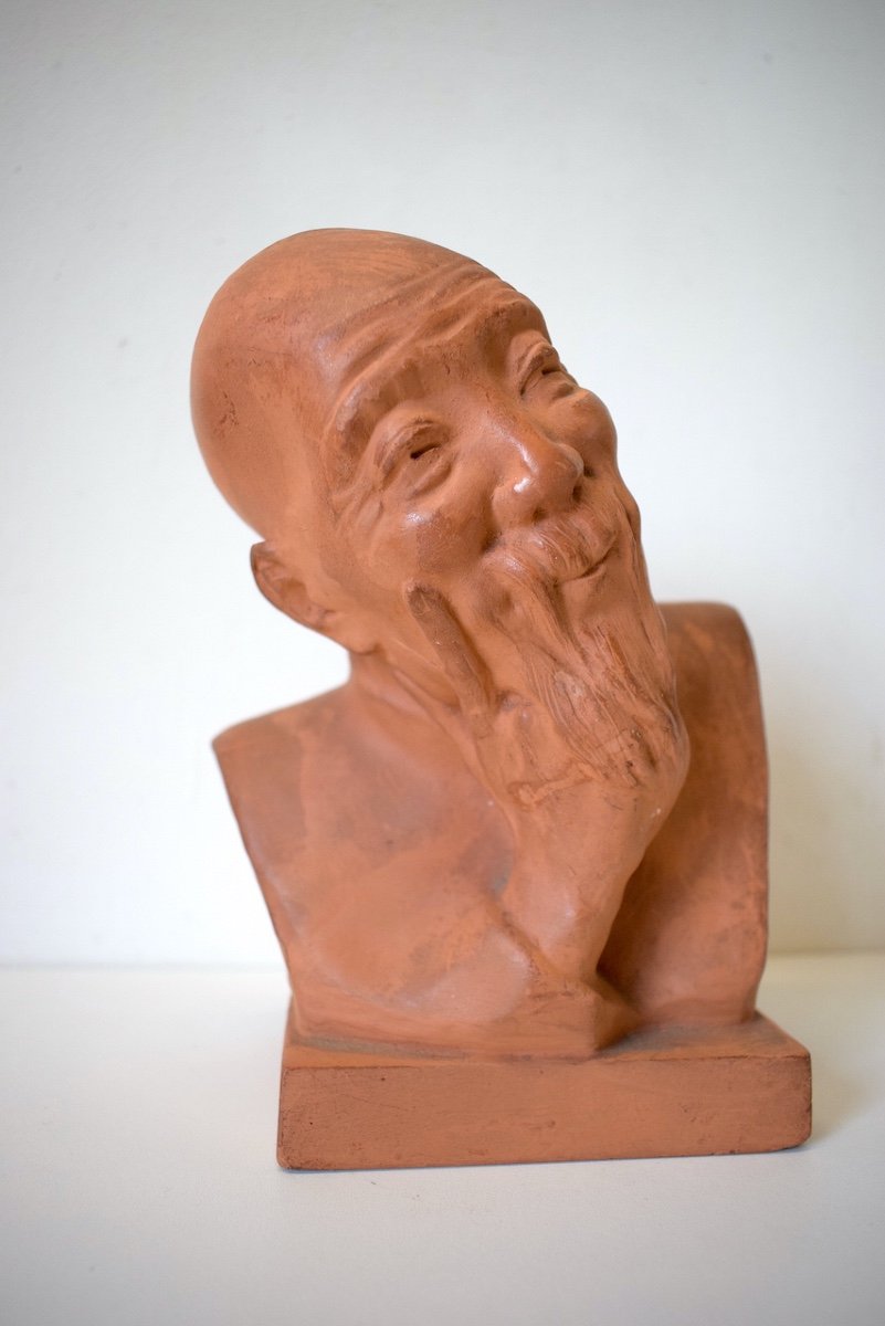 Gaston Hauchecorne Terracotta Bust Of Smiling Chinese Scholar With Long Beard Ref541-photo-3