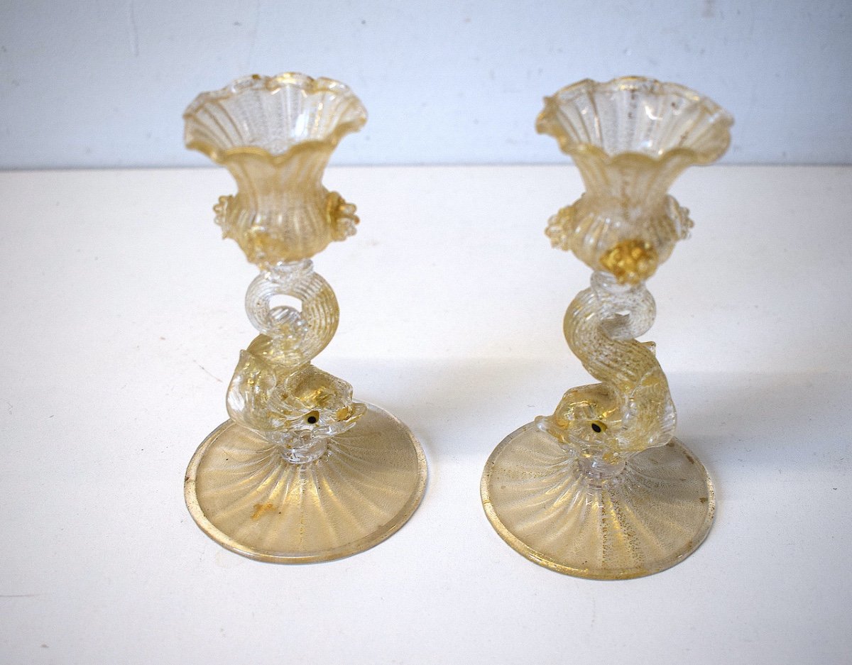 Pair Table Candlesticks With Dolphins Murano Glass Italy Attributed To Seguso Ref505-photo-3