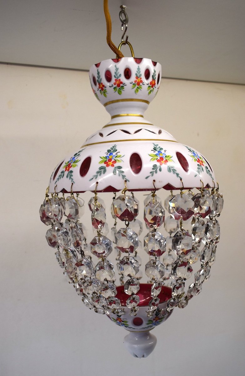 Chandelier Lantern Ceiling Lamp Overlay Opaline Glass And Bohemian Pendants Ref517