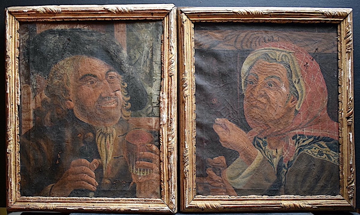 Paire de Portraits XVIII avec Cadres Caricatures Rt858