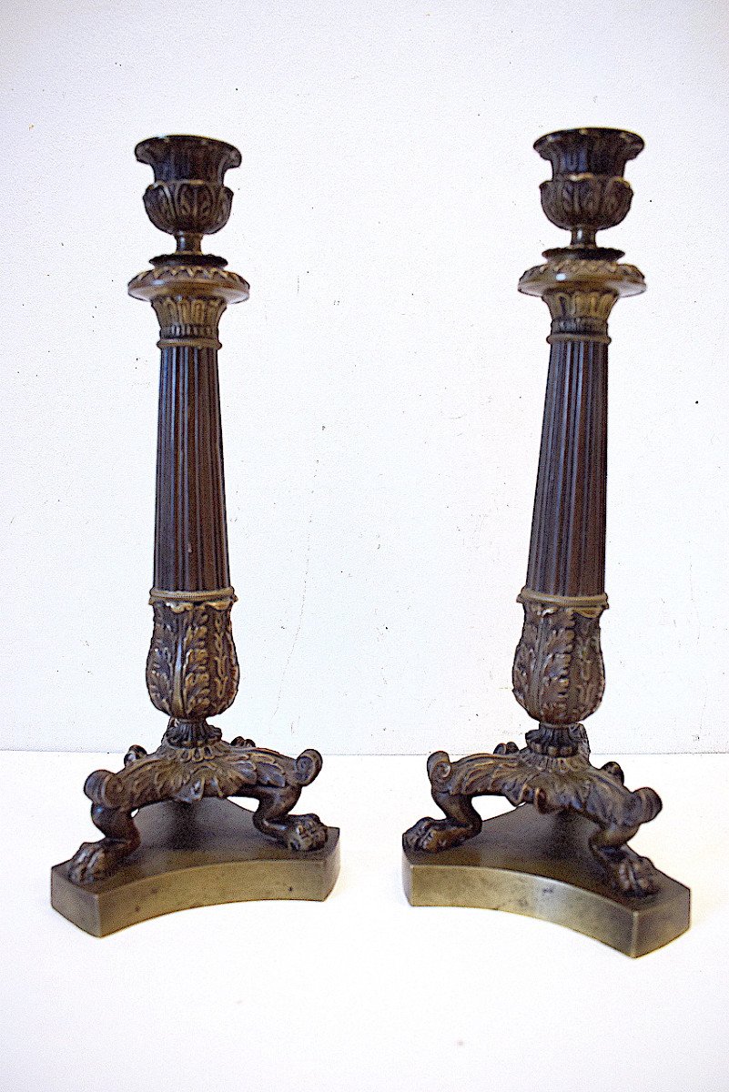 Pair Of Bronze Candlesticks With Claw Foot Empire Restoration Period Ref554-photo-3