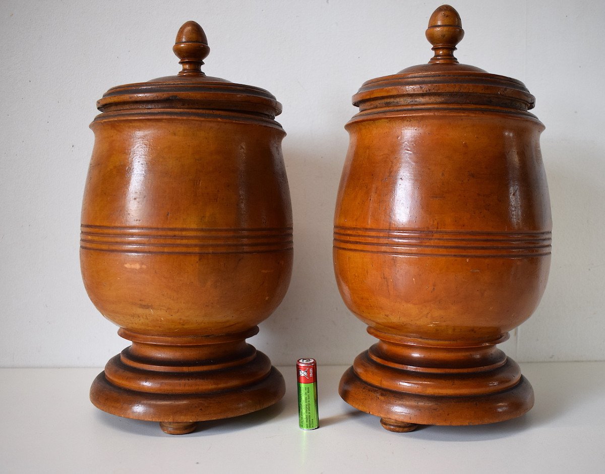 Pair Of Covered Pots In Carved Turned Wood Pharmacy Herbalist Kitchen Ref560