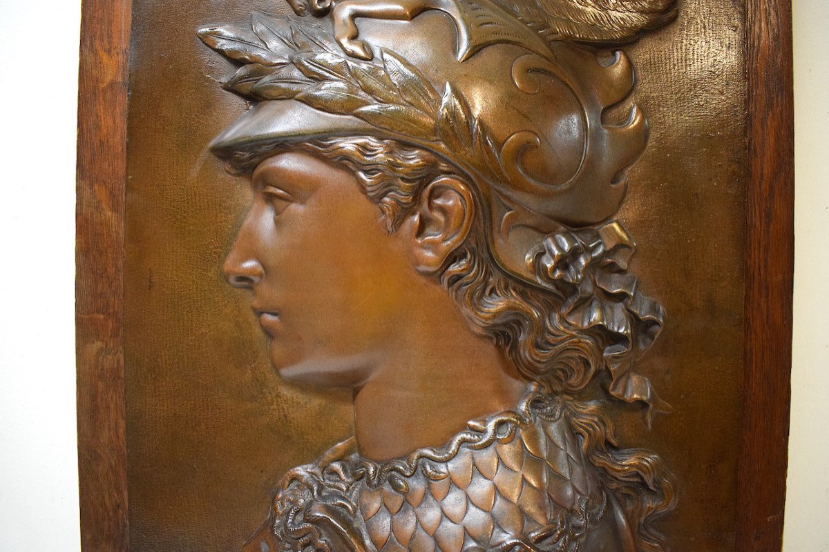 Bas Relief Metal Plaque Warrior Profile In Helmet After Leonardo Da Vinci Ref568-photo-1