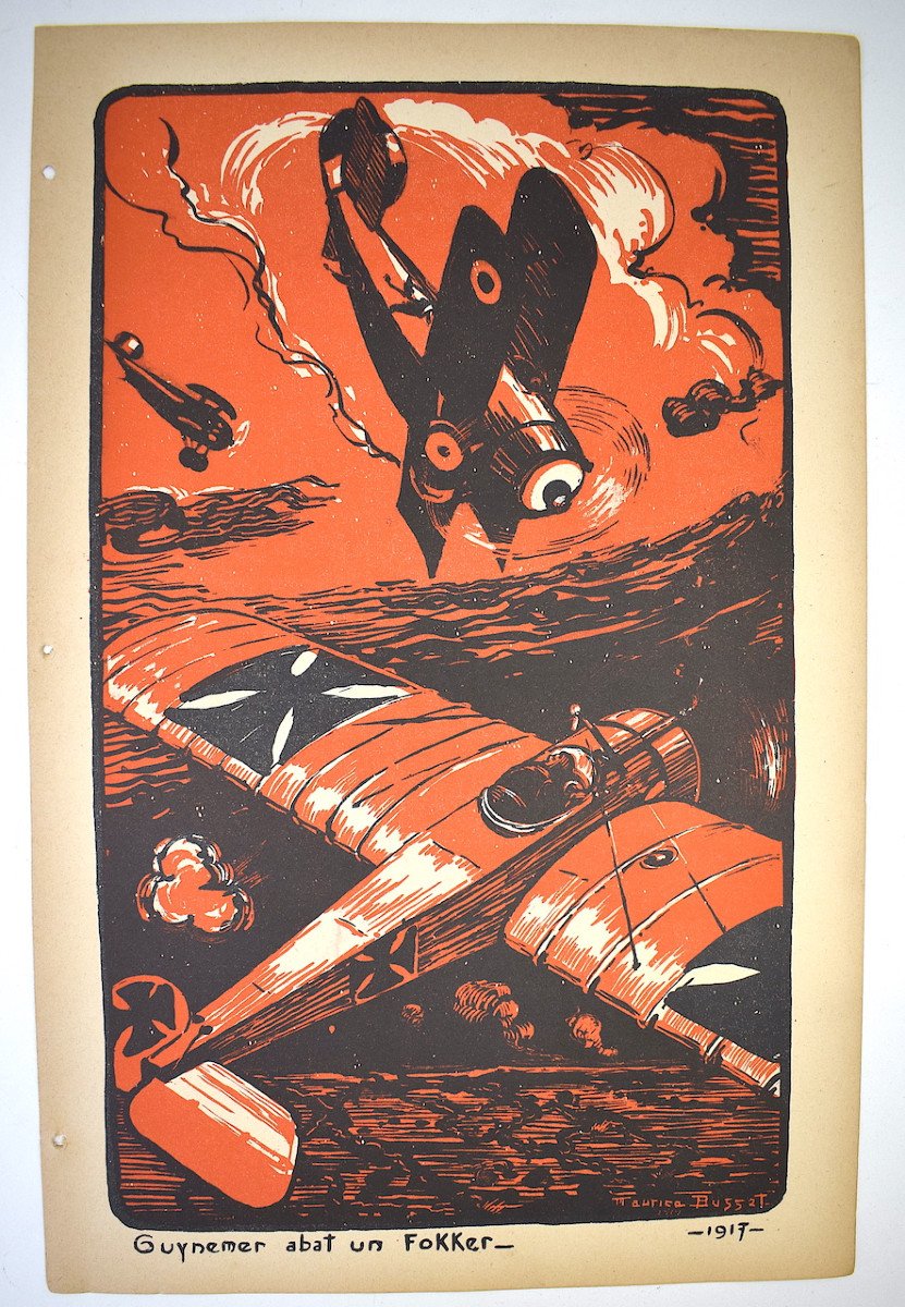 Estampe Maurice Busset  Affiche Lithographie Avion Aviation  Militaire  Guerre 1914 1918 Ref576