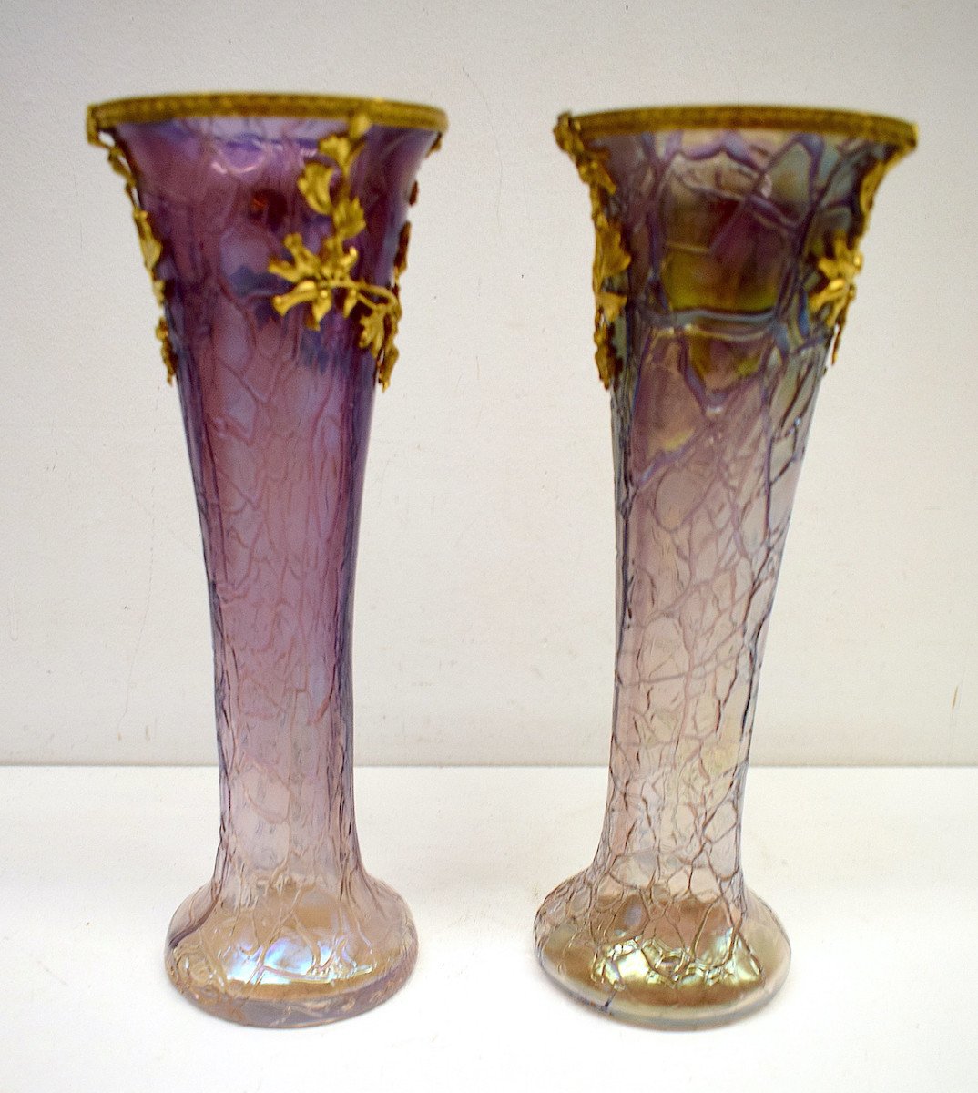 Pair Of Loetz Vases Brass Iridescent Glass Mauve Art Nouveau Birds 1900 Bohemian Ref583-photo-1