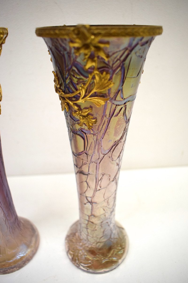 Pair Of Loetz Vases Brass Iridescent Glass Mauve Art Nouveau Birds 1900 Bohemian Ref583-photo-7