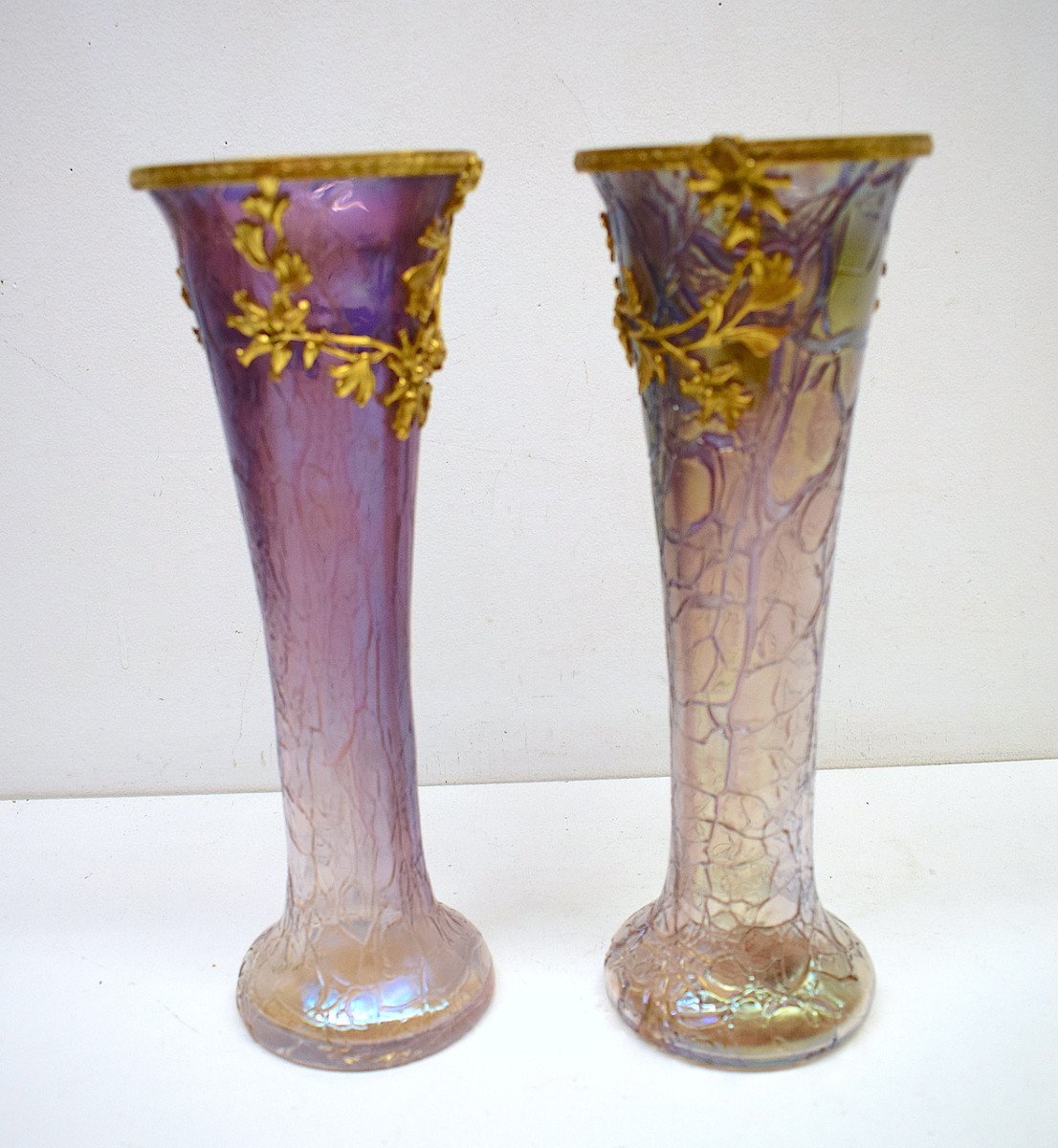 Pair Of Loetz Vases Brass Iridescent Glass Mauve Art Nouveau Birds 1900 Bohemian Ref583-photo-8