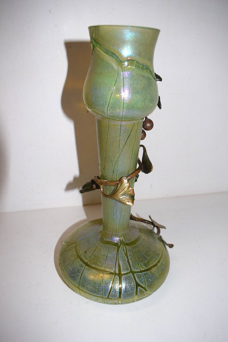 Vase Loetz En Verre Et Bronze Couleur Iris&eacute;  Fond Vert Art Nouveau 1900 Boh&egrave;me Ref585-photo-1