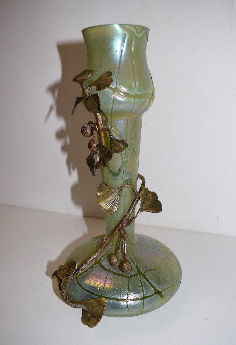 Vase Loetz En Verre Et Bronze Couleur Iris&eacute;  Fond Vert Art Nouveau 1900 Boh&egrave;me Ref585-photo-6