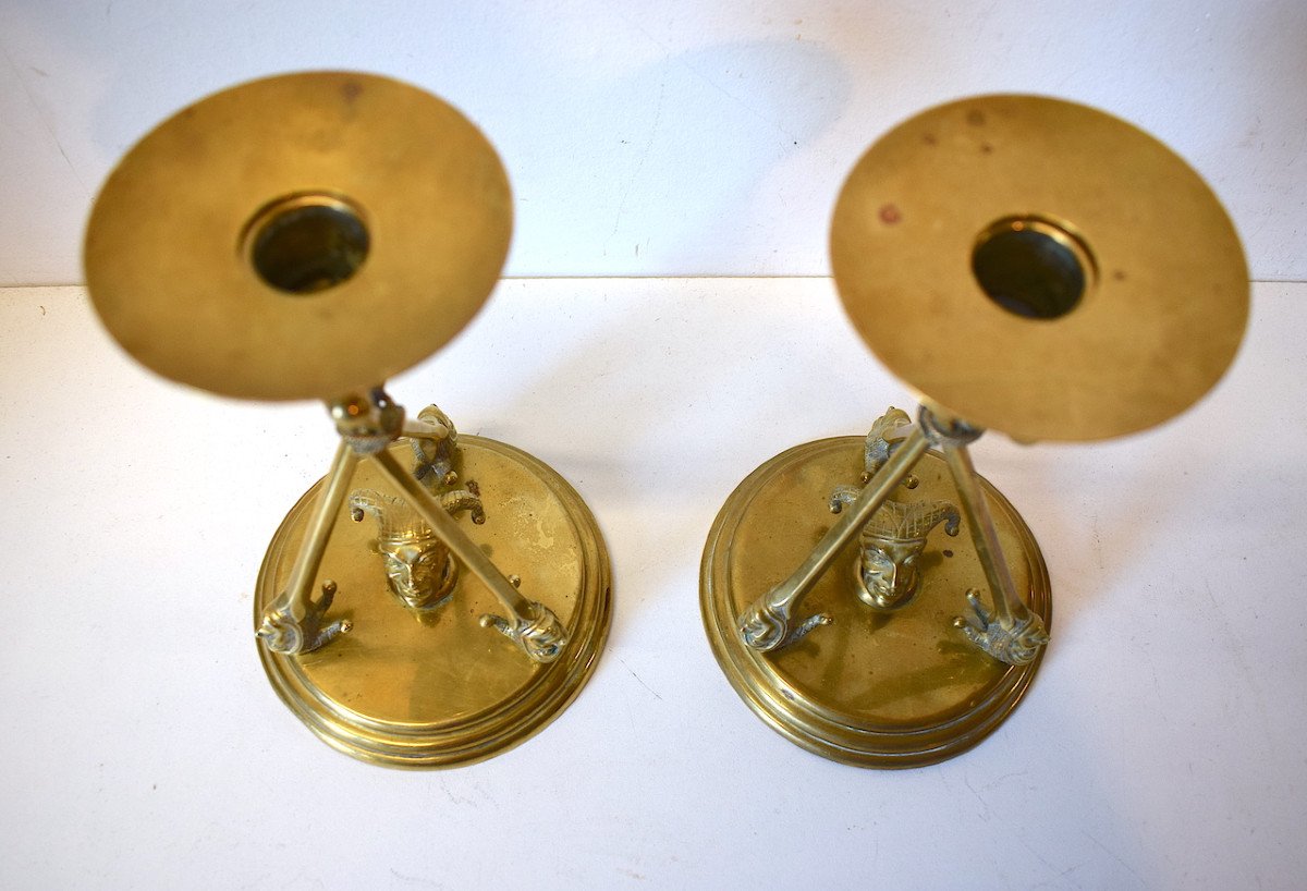 Pair Of Table Candlesticks In Brass And Bronze Jester Or Fou Du Roi Or Jester Art Deco Ref602-photo-3