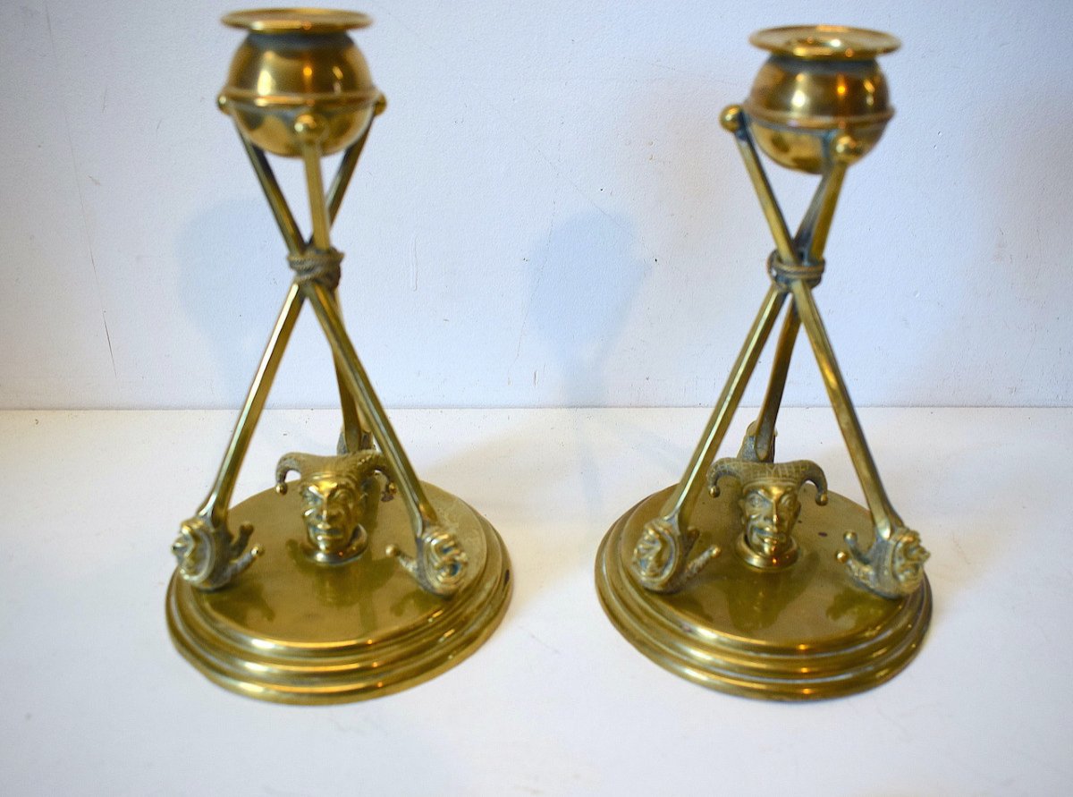 Pair Of Table Candlesticks In Brass And Bronze Jester Or Fou Du Roi Or Jester Art Deco Ref602-photo-4