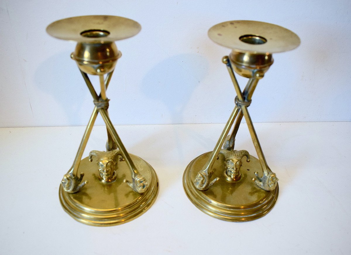 Pair Of Table Candlesticks In Brass And Bronze Jester Or Fou Du Roi Or Jester Art Deco Ref602