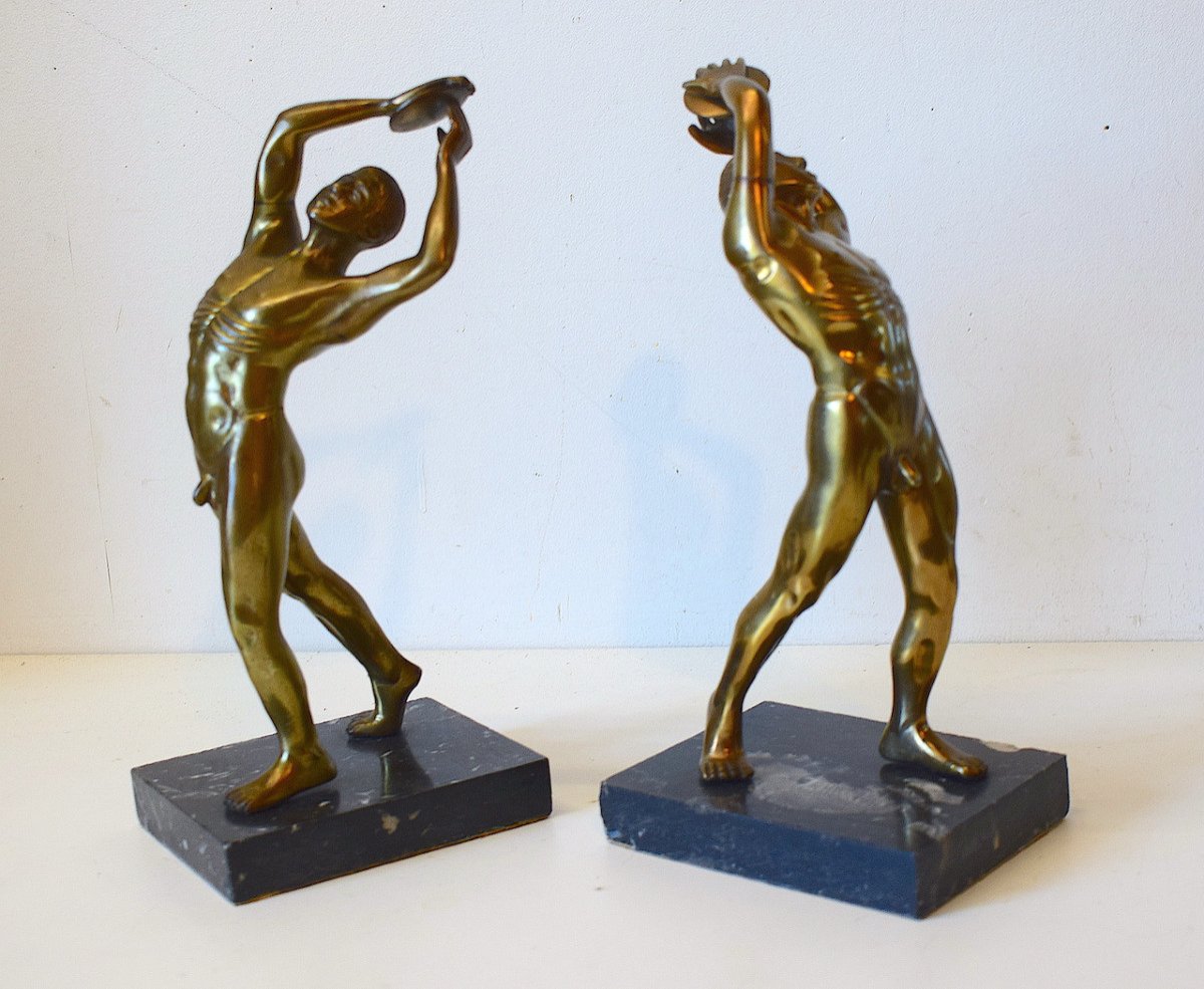 Paire De Serre Livres Bronze Dor&eacute; Homme Nu Lanceur De Disque Sport 1950 Art D&eacute;coratif  Ref604-photo-4