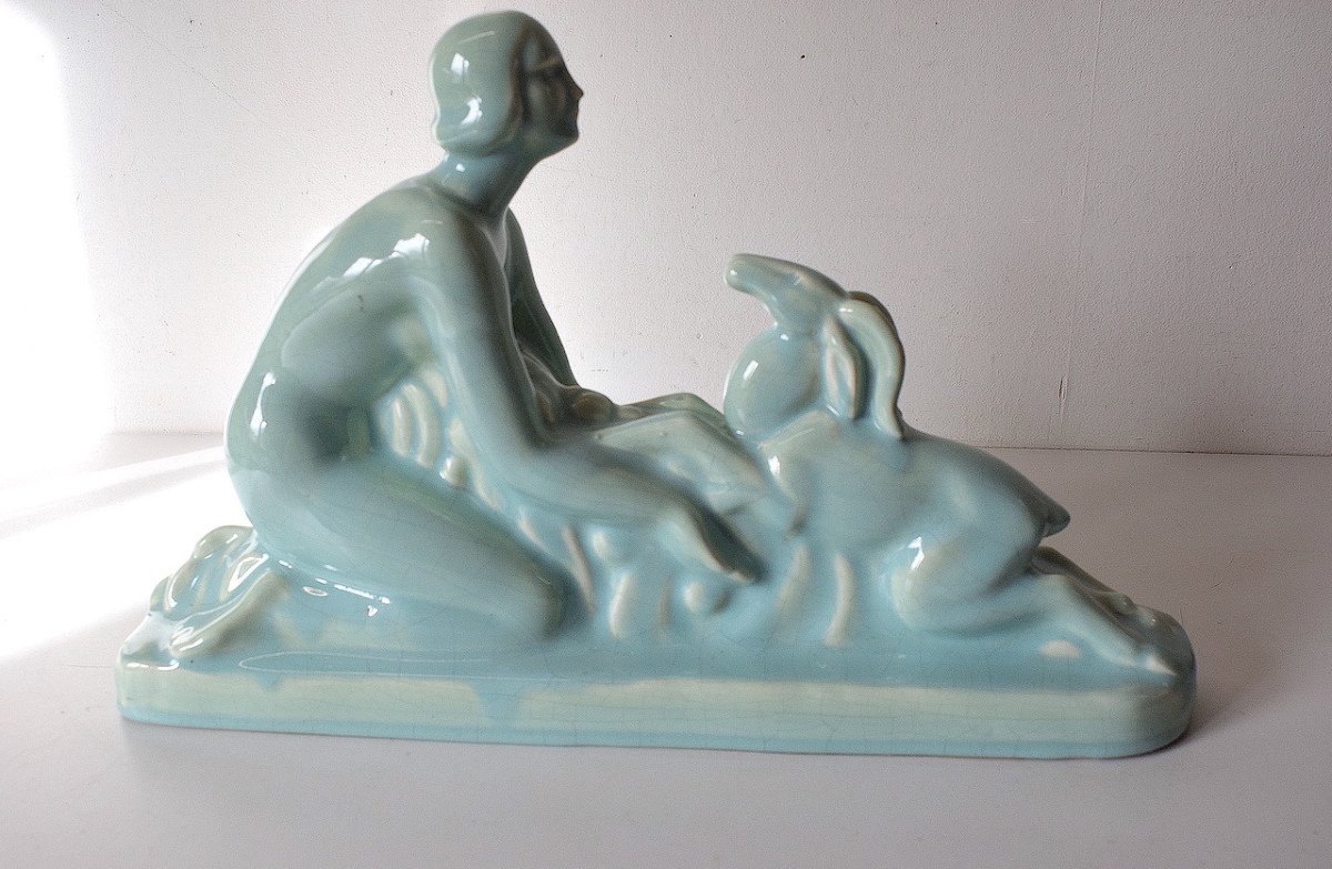 Art Deco Blue Cracked Ceramic Nude Woman And Deer Circa 1925 Ref630-photo-2