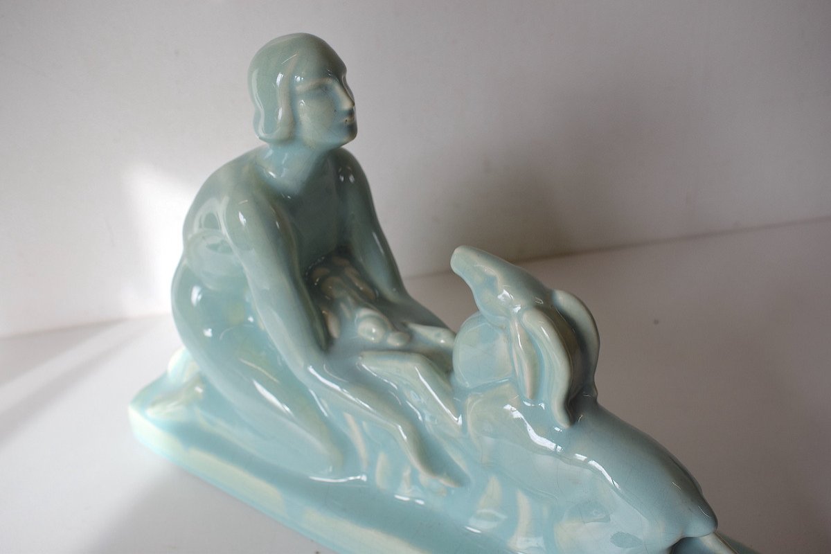 Art Deco Blue Cracked Ceramic Nude Woman And Deer Circa 1925 Ref630-photo-4