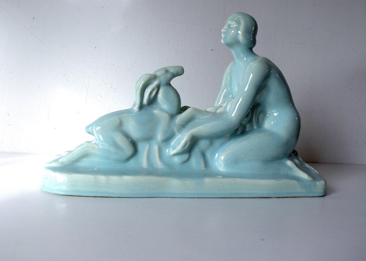 Art Deco Blue Cracked Ceramic Nude Woman And Deer Circa 1925 Ref630-photo-2