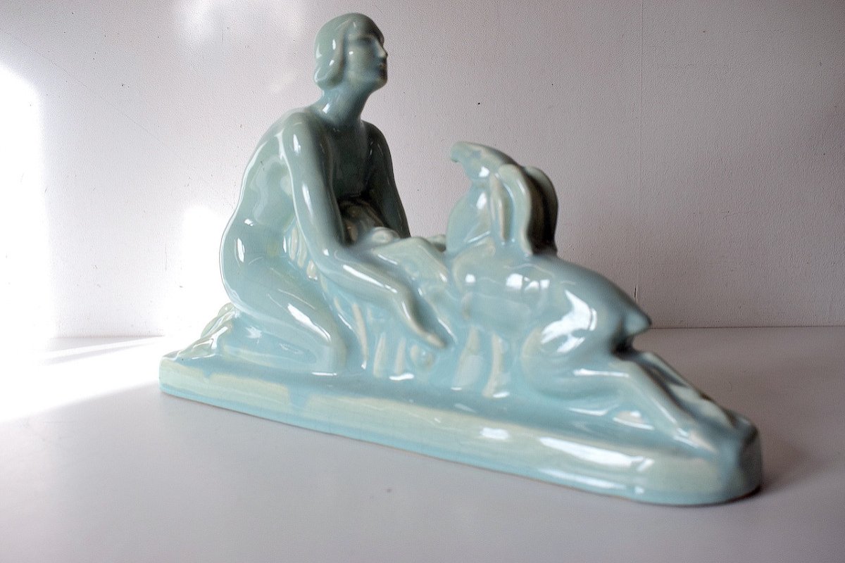 Art Deco Blue Cracked Ceramic Nude Woman And Deer Circa 1925 Ref630-photo-4