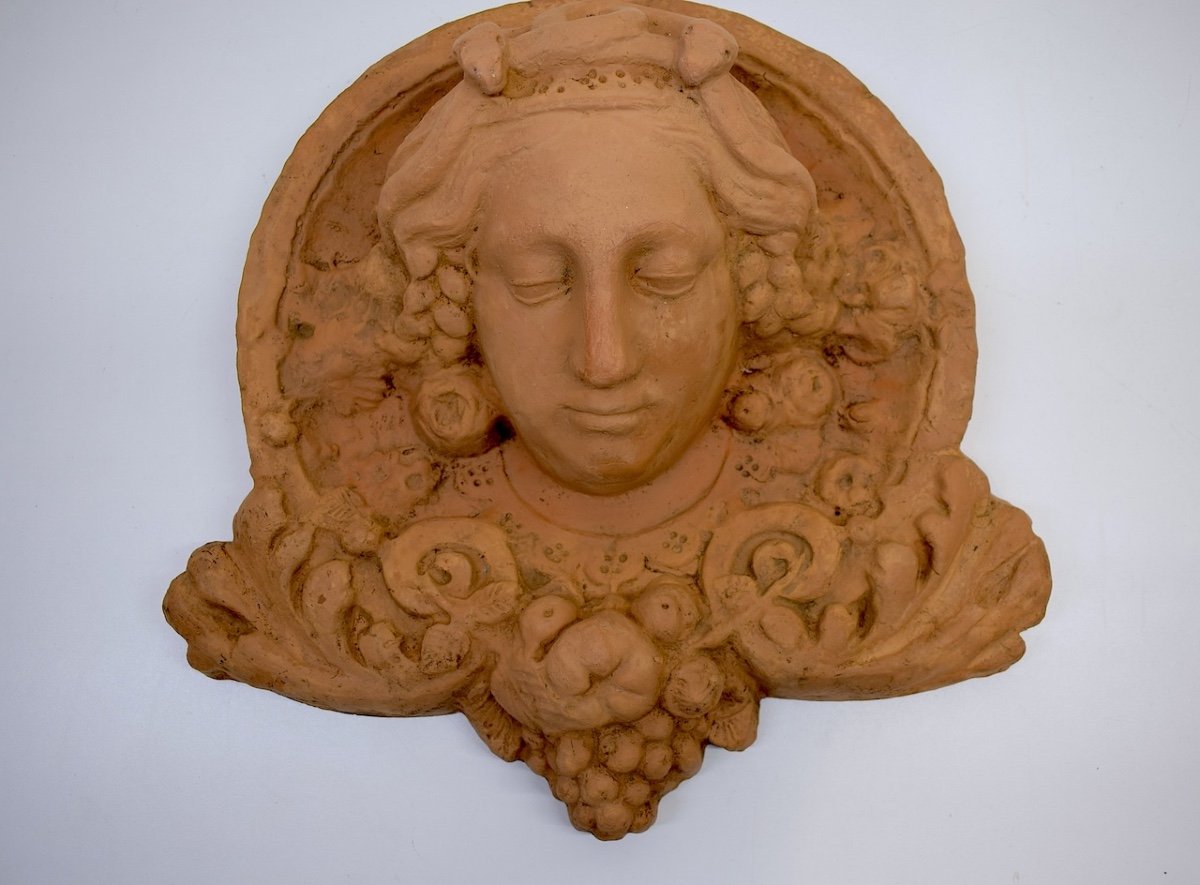 Mascaron Haut De Porte Terre Cuite T&ecirc;te Femme Art Nouveau &agrave; l&#039;Antique 1900 Ref644