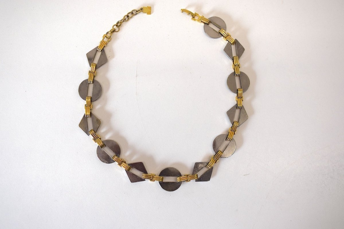 Collier Maison LANVIN   Germany Acier Poli Et Métal Doré Bijou Vers 1970 1980 Signé  Ref652