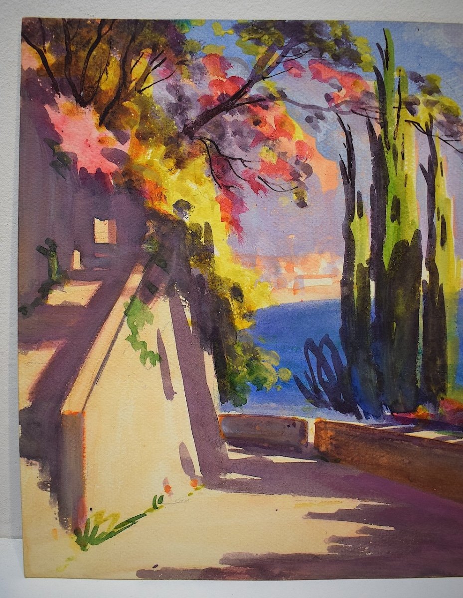 Watercolor View Of Menton Riviera Mediterranean Marine Landscape Signed Gianni Rd03-photo-3