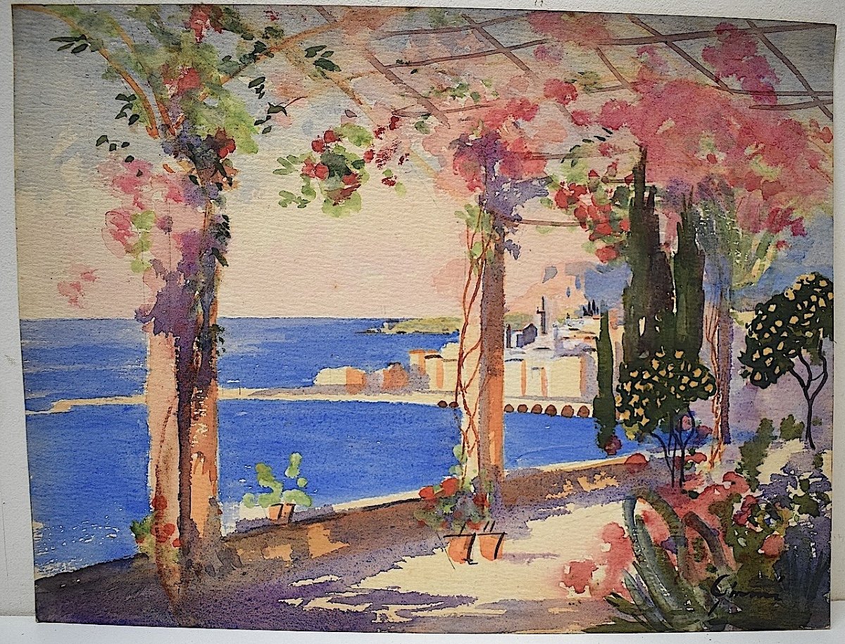 Watercolor View Of Menton Riviera Mediterranean Marine Landscape Signed Gianni Rd04