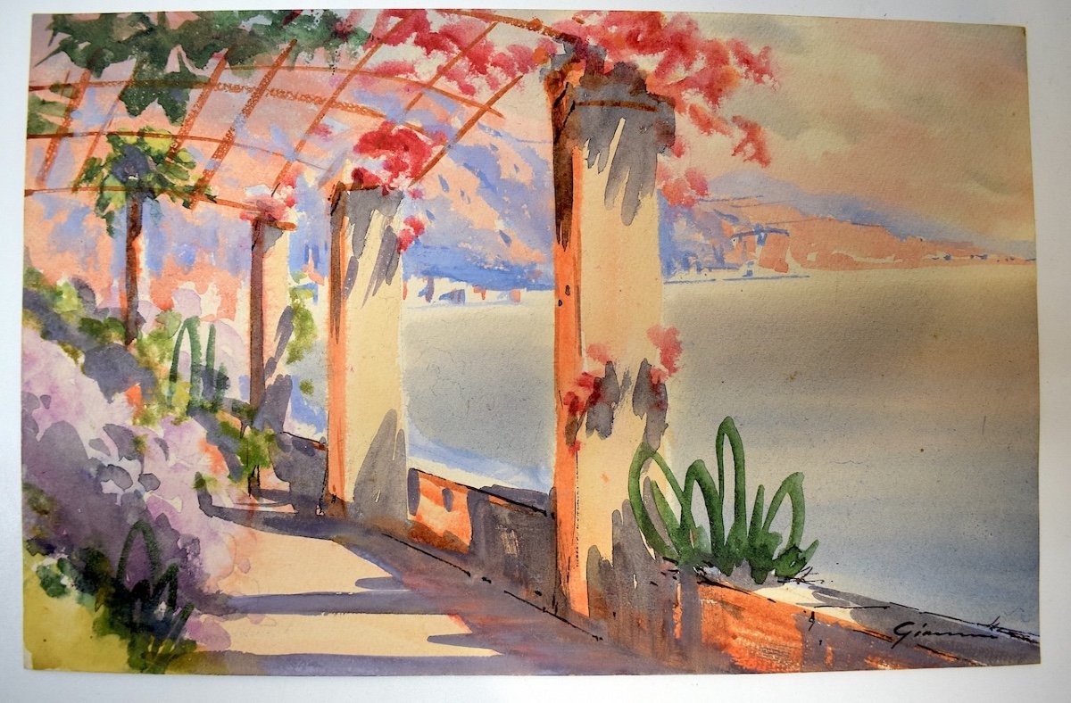 Watercolor View Of Menton Riviera Mediterranean Marine Landscape Signed Gianni Rd06-photo-4