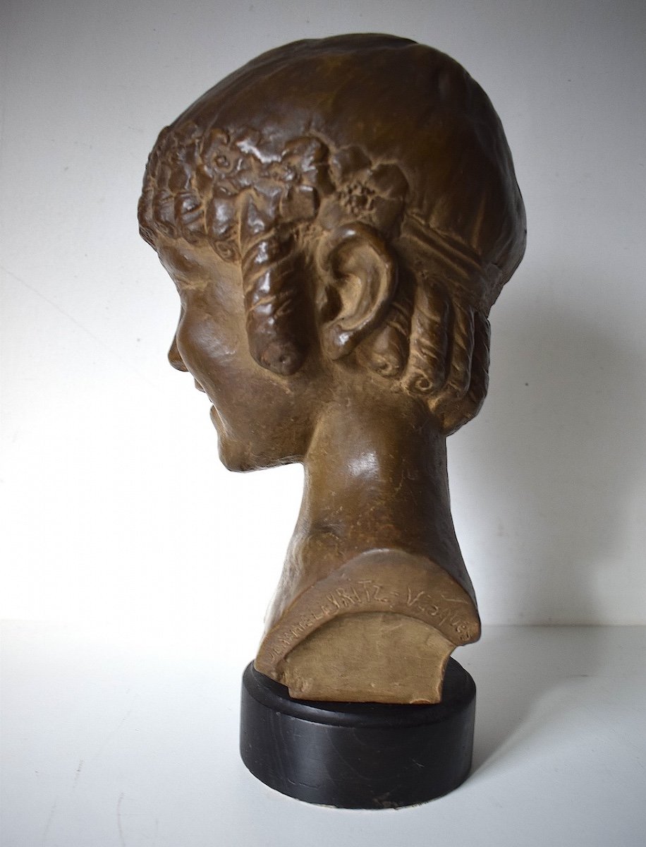 Jeanne Leyritz Vesques Art Deco Terracotta Bust Young Girl With Flowered Headband Ref669-photo-3