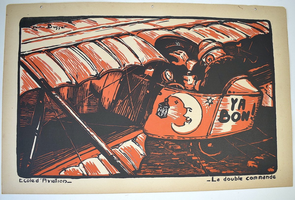 Estampe Maurice Busset  Affiche Lithographie Avion Aviation  Militaire  Guerre 1914 1918 Ref671