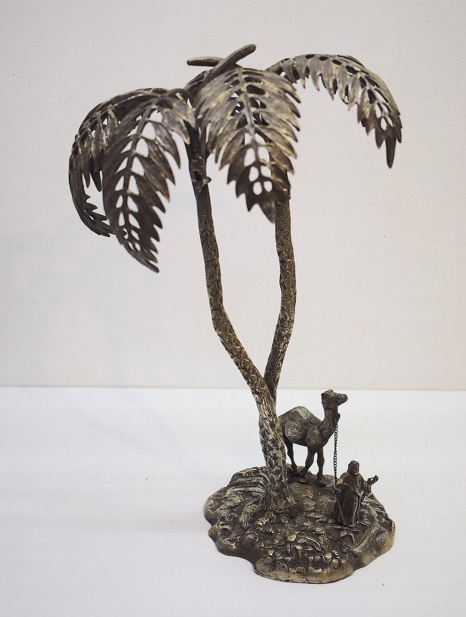 Orientalist Bronze Vienna Style Bergman Bedouin And His Dromedary Under A Palm Tree Ref694