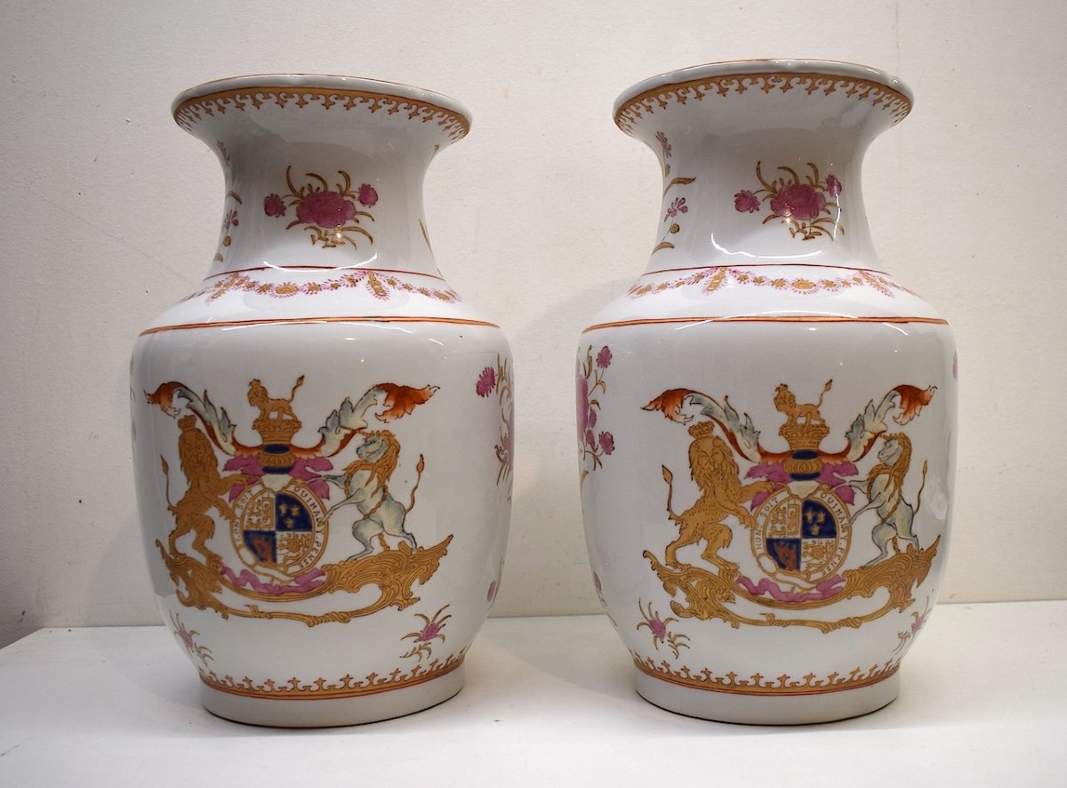 Manufacture Samson Paire De Vases Porcelaine Armori&eacute;  Lion Et Licorne Ref704-photo-3