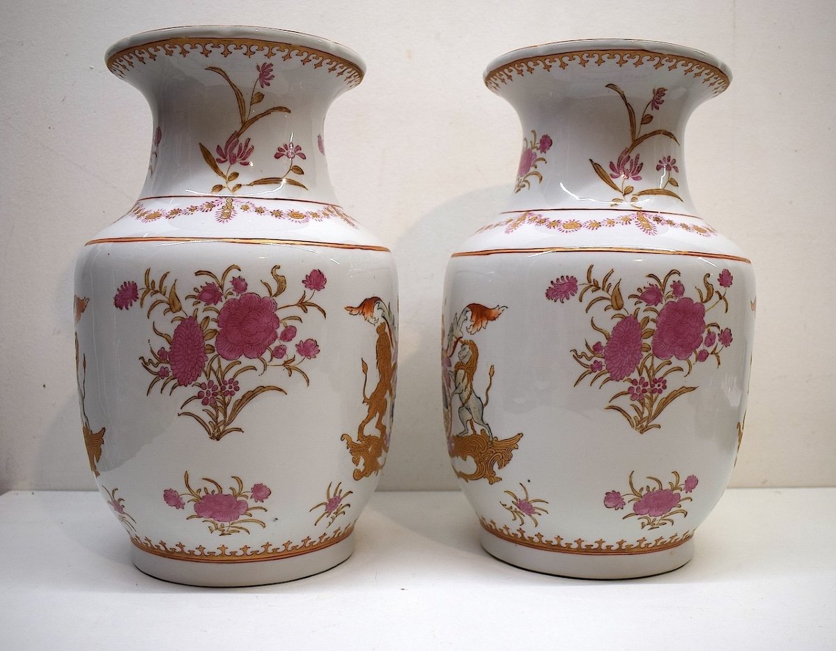 Manufacture Samson Paire De Vases Porcelaine Armori&eacute;  Lion Et Licorne Ref704-photo-2