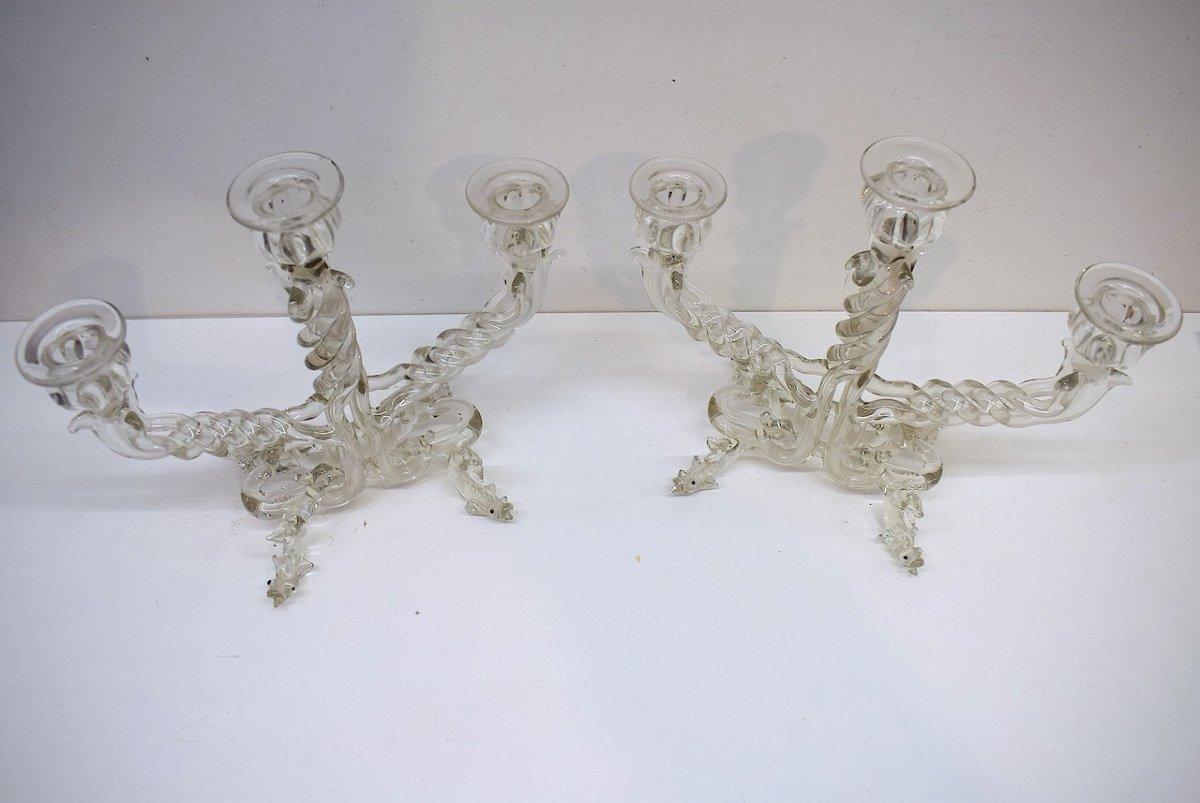 Pair Of Glass Table Candlesticks Signed A Vialas Dauphins 1950 1960 Styl Venise 18th Ref736-photo-4