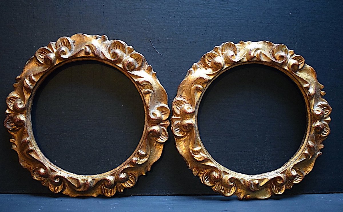 Pair Italian Frame Round Carved Golden Wood 1950s Rabbet 17.5 X17.5 Cm Frame Ref C1143-photo-5