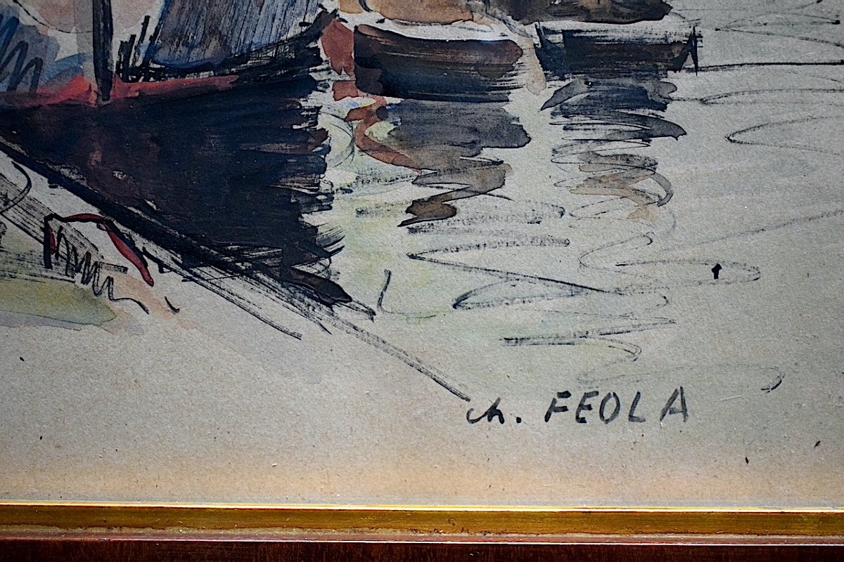 CHARLES  FEOLA  signé Aquarelle Paris Montmartre Quai de Seine  bateau  XX RT1004-photo-1