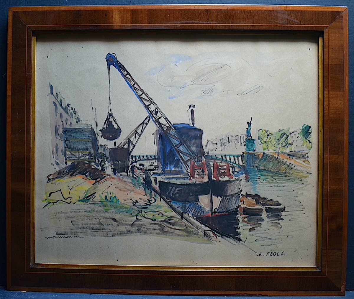 CHARLES  FEOLA  signé Aquarelle Paris Montmartre Quai de Seine  bateau  XX RT1004