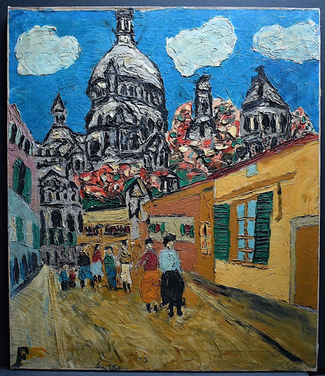 Paris Sacré Coeur Montmartre Lively Street Scene Expressionism Signed F 20th Century Rt1005-photo-2