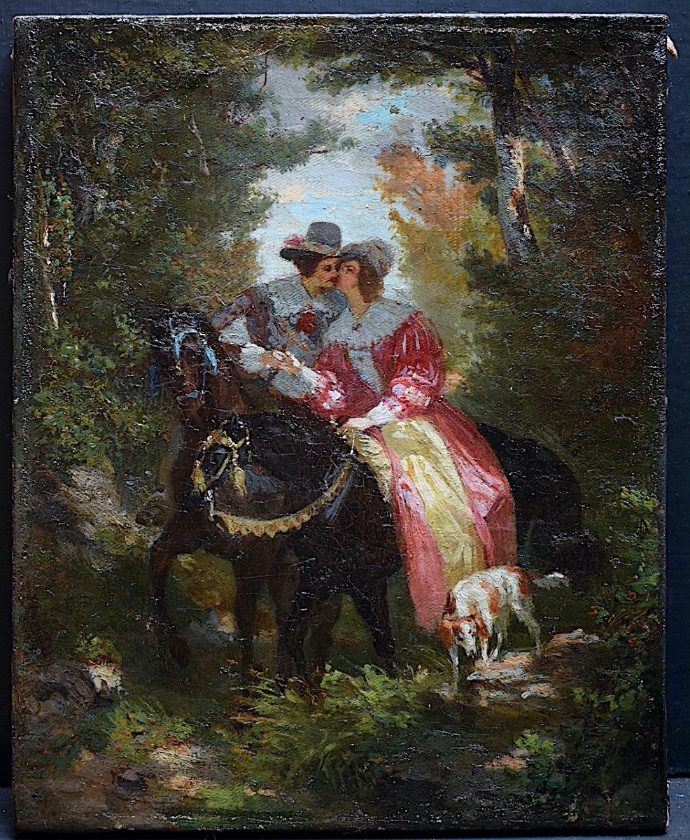 Gallant Scene On Horseback In The Forest Dog 19th Century Rt1012-photo-3