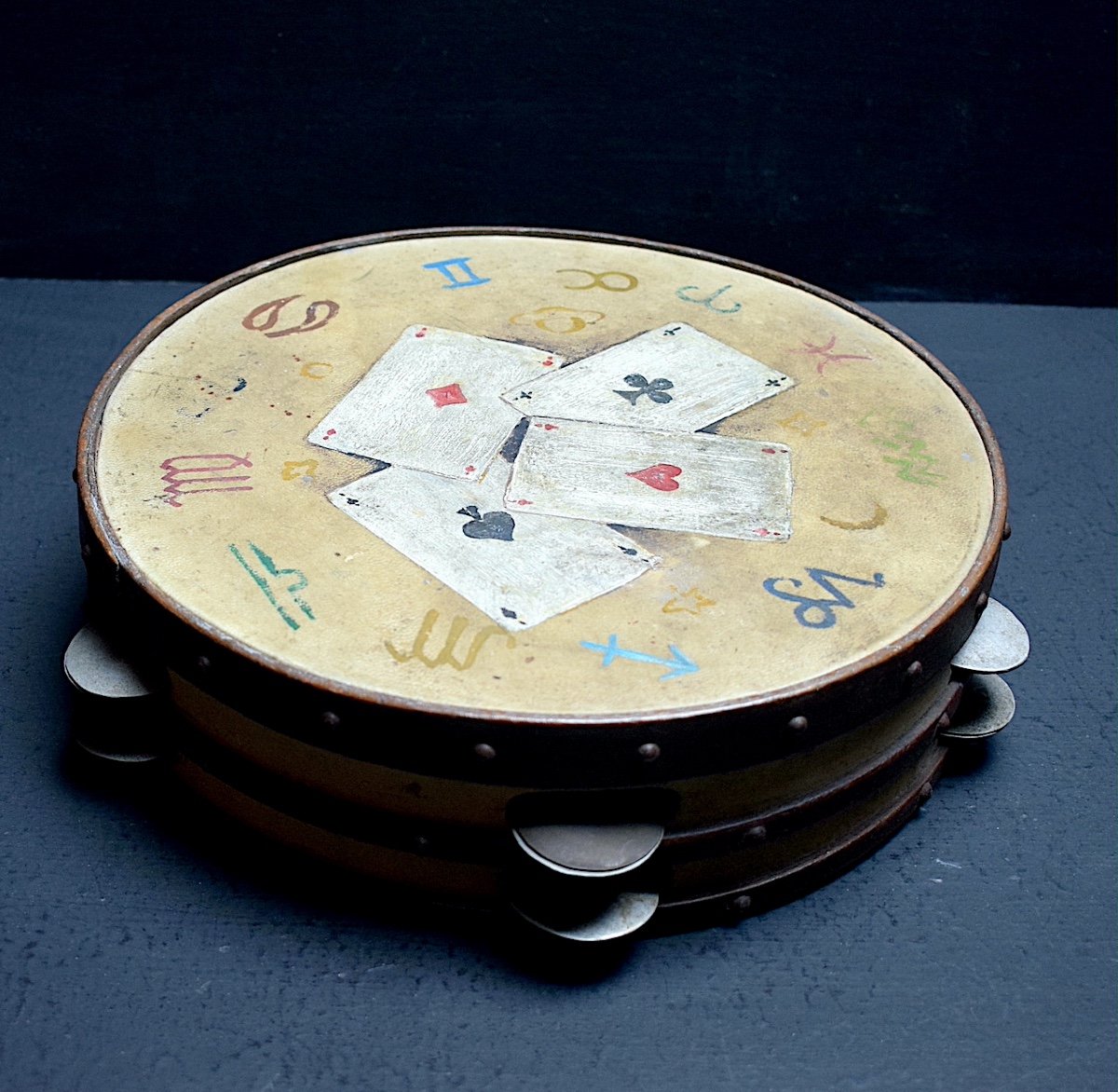 Tambourin peint signes du zodiaque jeu Cartes XIX  Instrument de Musique astrologie  Ref767