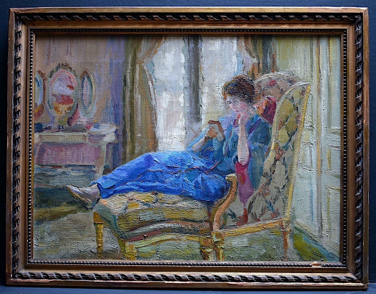 Reading Light Interior Scene Impressionist Unsigned 20th Century Rt1028-photo-5