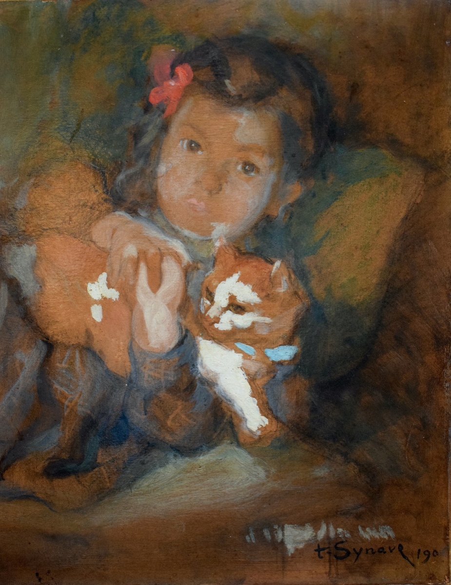 Tancrède Synave Portrait Of A Child Little Girl With A Cat Early 20th Century Rt1034-photo-4