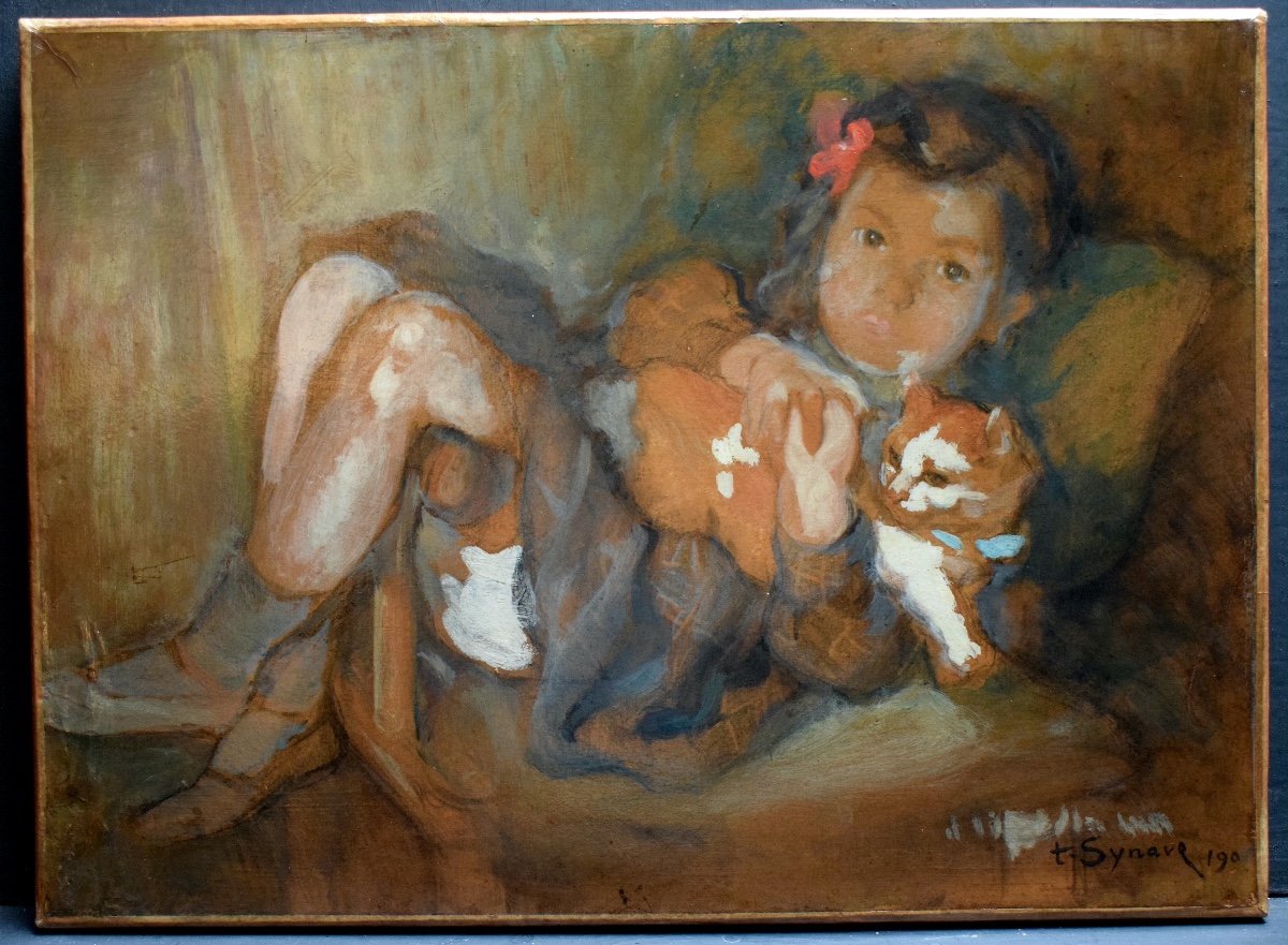 TANCRÈDE SYNAVE Portrait d'Enfant Petite Fille au Chat Début XX ème Siècle RT1034