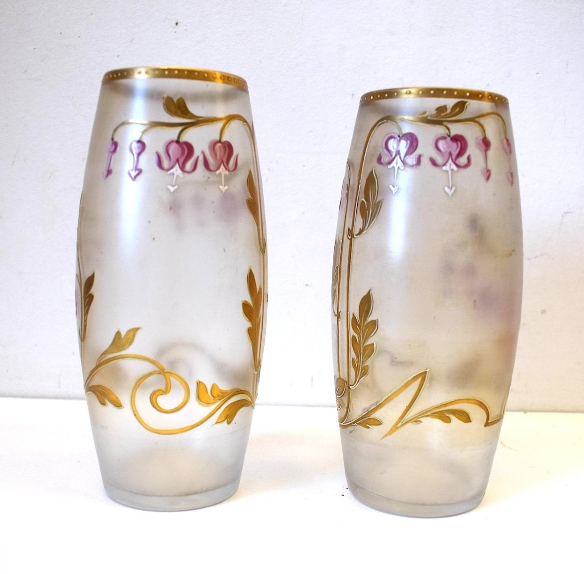 Pair Of Art Nouveau Enameled Glass Vases Decorated With Flowers Monogram E. G Gallé Ref782-photo-2